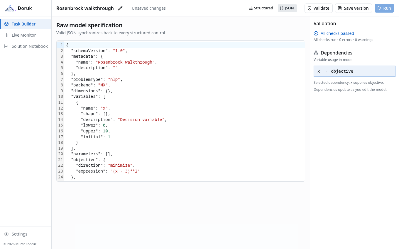 The raw JSON model specification shown in the editor.